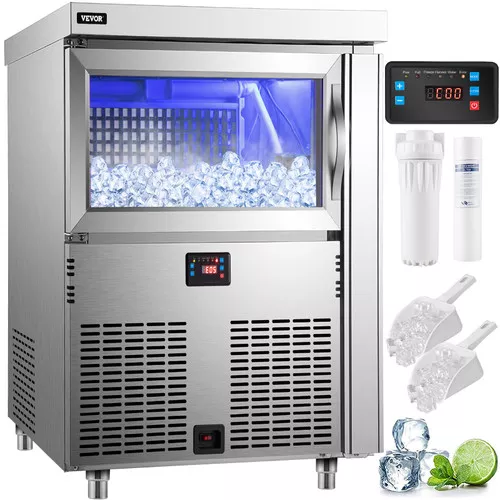 110V Commercial Ice Maker 200LBS/24H, Stainless Steel Under Counter Ice Machine with 100LBS Storage, 80PCS Clear Cube, Auto Operation, Blue Light, Include Water Filter, 2 Scoops, Connection Hose