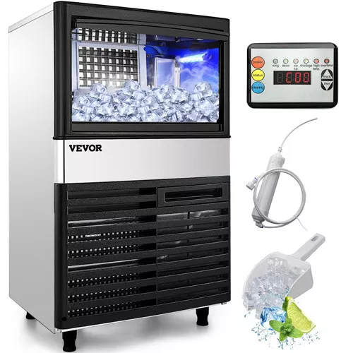 110V Commercial Ice Maker Machine 155LBS/24H with 39LBS Bin, LED Panel, Stainless Steel, Auto Clean, Include Water Filter, Scoop, Connection Hose, Professional Refrigeration Equipment