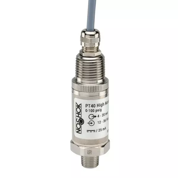 NOSHOK PT40 Series High Accuracy Fixed Range Pressure Transmitter PT40-5000PSIG-2-2-45-17, 0 to 5000psig, ±0.125% of span, 0 Vdc to 5 Vdc, 3-wire, 7/16-20 male SAE J514 FIG 34B (non-adjustable), DIN form C with 3 ft cable